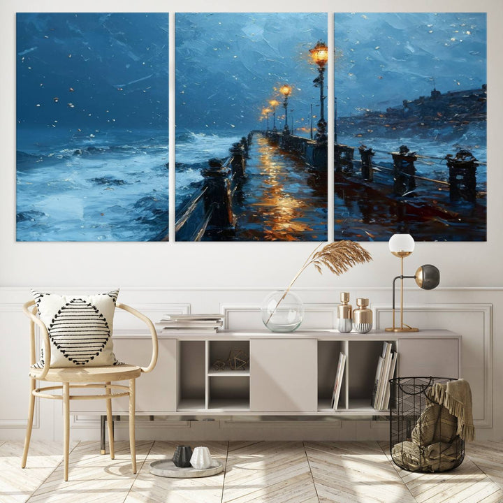 Framed 3-Panel Seaside Night Pier Oil Painting Canvas Wall Art | Ready to Hang Coastal Landscape Art for Modern Living Room, Office, or Bedroom Decor