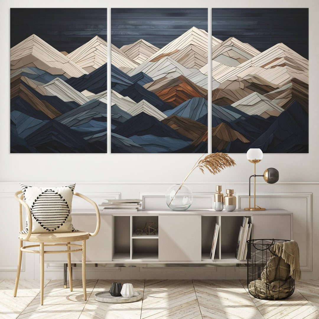 Wood Style Mountain Range Wall Art - Ready to Hang 3-Piece Set for Modern Rustic Decor, Abstract Wooden Design for Living Rooms, Bedrooms & Offices