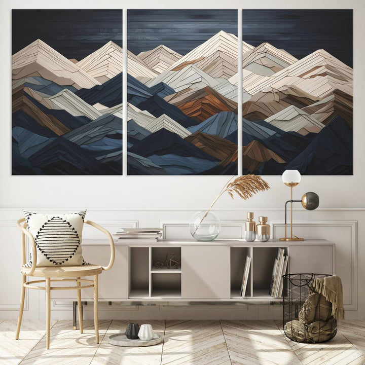 Geometric Wood Mountain Wall Art | Wood-Inspired Canvas Print | Ready to Hang for Cabin Decor