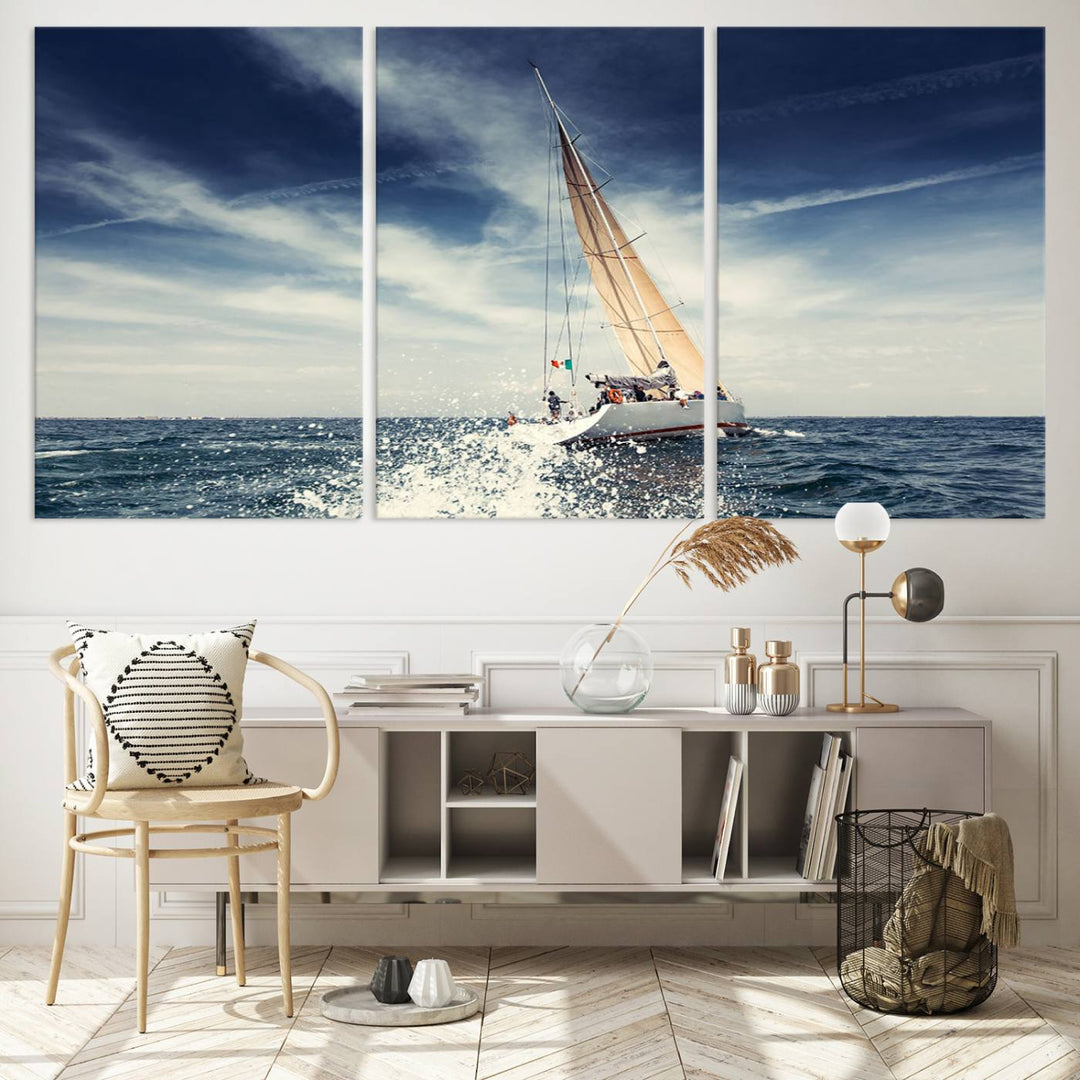 Sailboat Ocean Beach Blue Sky Wall Art Canvas Print