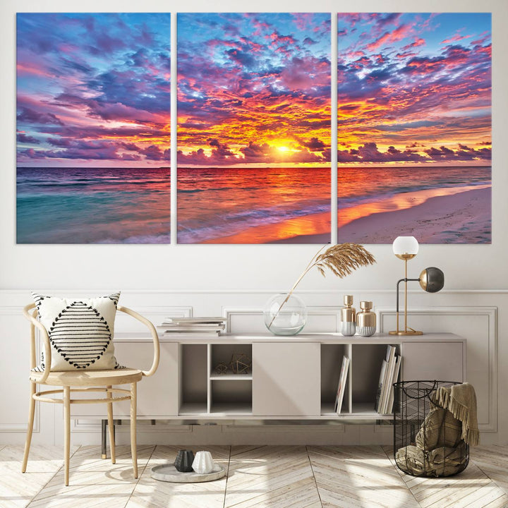 Vibrant Sunset Beach Wall Art | Ocean Sunset Canvas Print | Coastal Wall Art Decor | Ready to Hang | Stunning Sunset Scene for Home or Office Decor