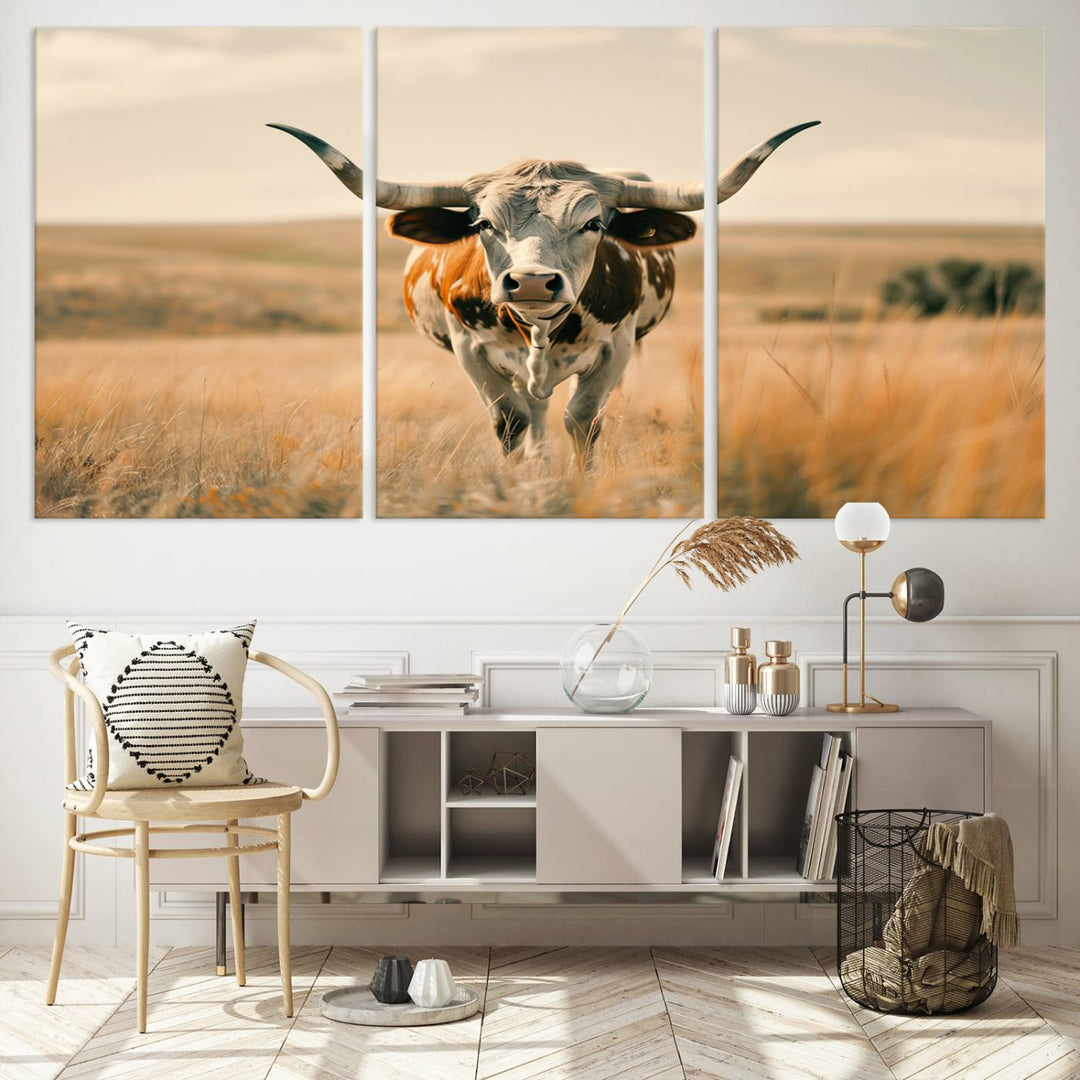 The Texas Cow Longhorn Wall Art Canvas adds rustic charm to the decor.