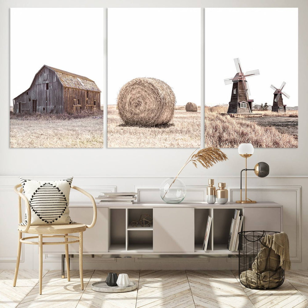 A set of 3 rustic Farm Prints, featuring barns and wheat, decorates a farmhouse wall.