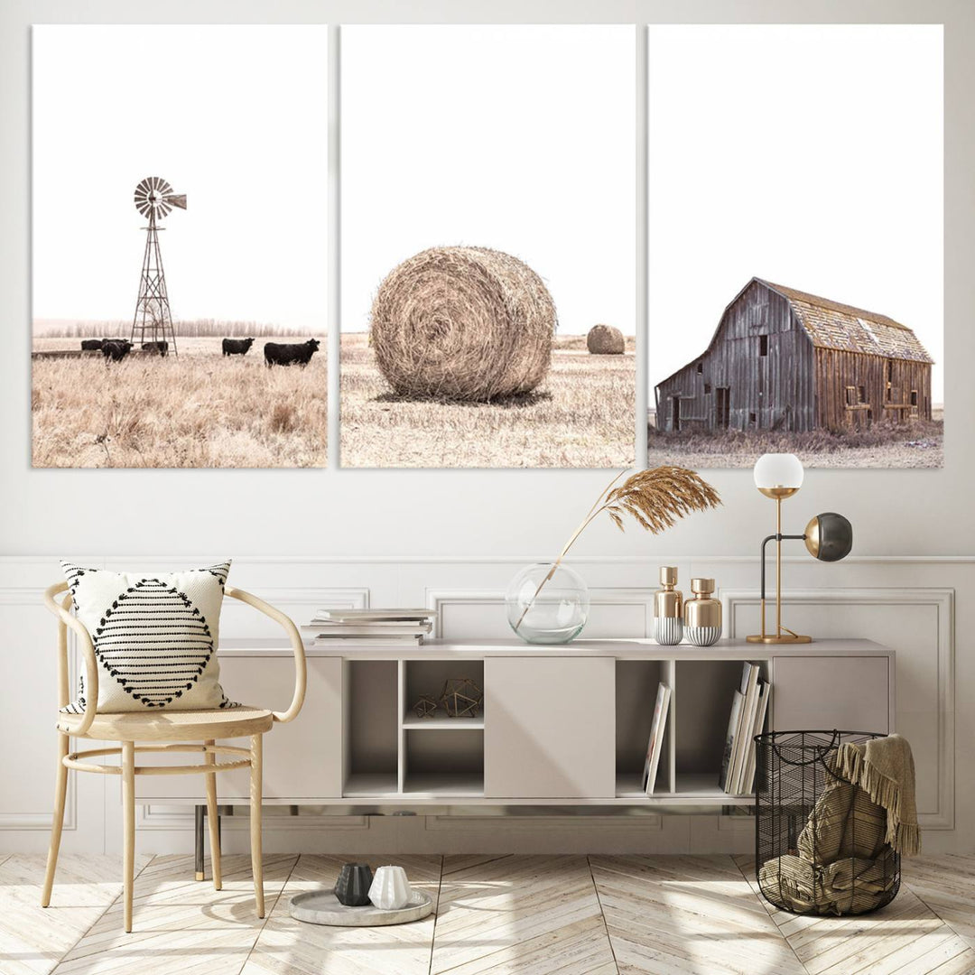 Above the couch, a Rustic Farmhouse Wall Art set depicts a barn and wheat field.