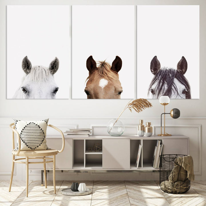 Horse Prints Set, Set of 3 Horse Wall Art, Horses Portraits, Farmhouse Wall Art, Farm Animals Canvas, Animals Portraits Set, Horse Poster