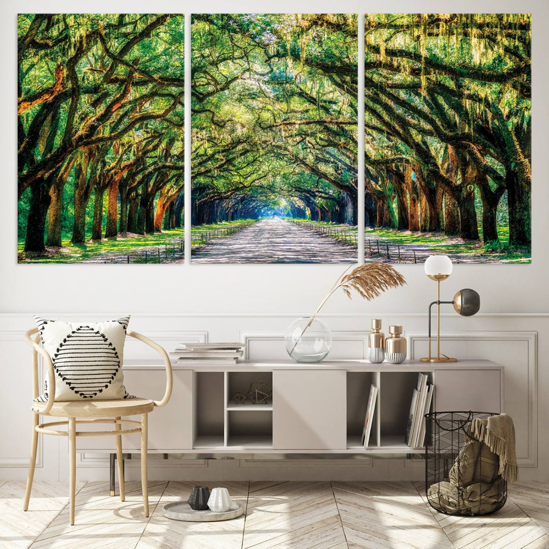 Serene Tree Tunnel Wall Art Canvas Print – Pathway Under Canopy of Lush Green Trees, Nature-Inspired Decor for Living Room – Ready to Hang