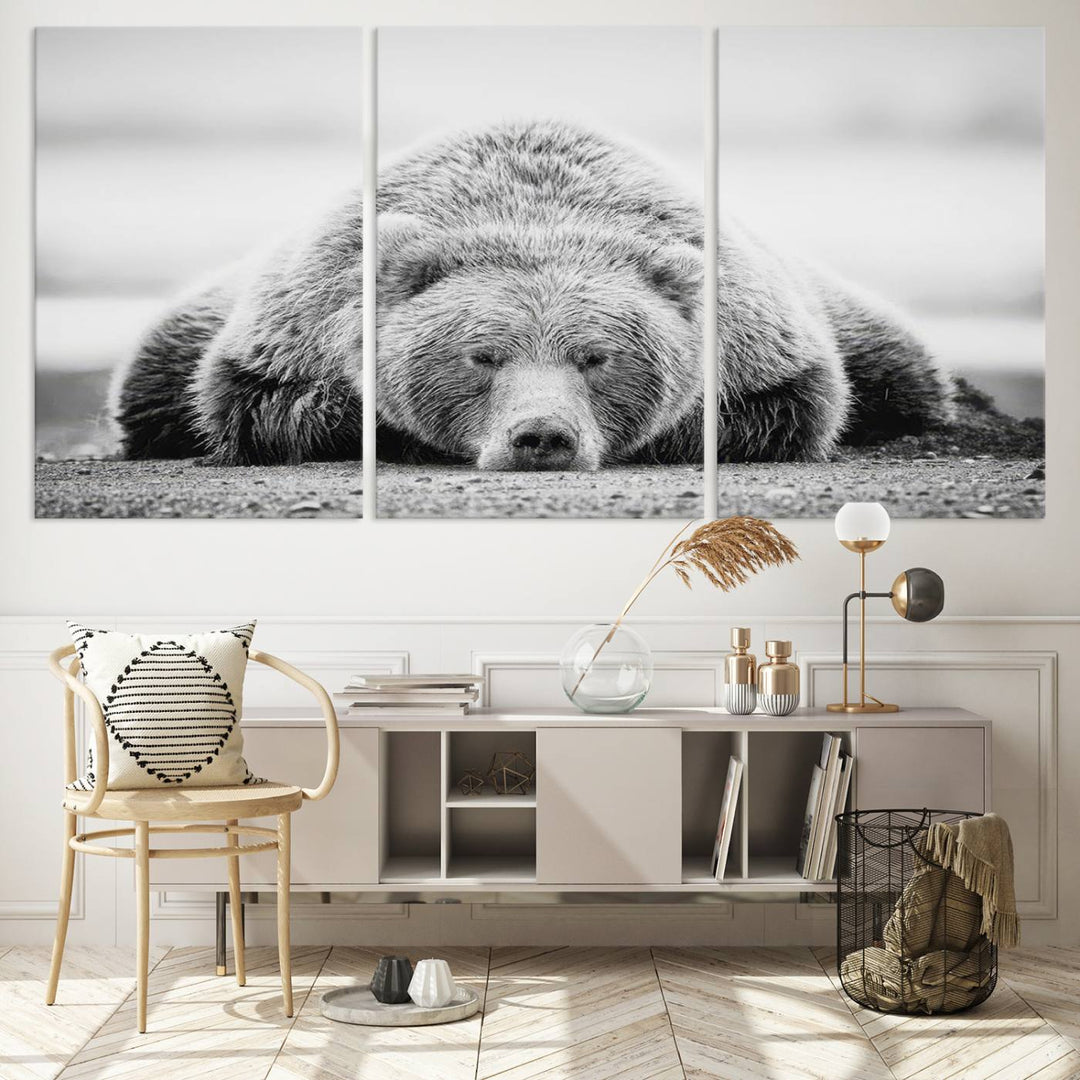 Resting Grizzly Bear wall art displayed in a modern room.