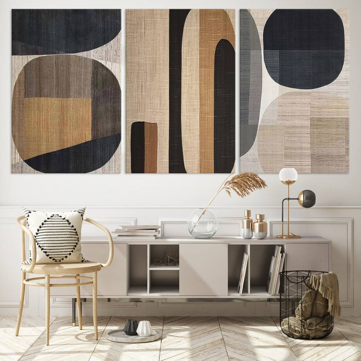 A stylish living room exuding modern elegance features the Abstract Minimalist Canvas Wall Art in a neutral geometric design.