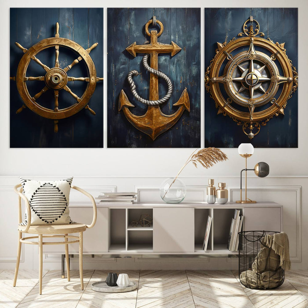 Boat Anchor Compass With Rope Wall Art: A nautical-themed canvas print.