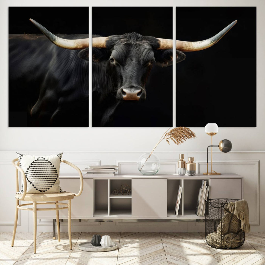 Texas Longhorn Cow | Majestic Black Bull Wall Art Canvas Print - Farmhouse Animal Decor - Ready to Hang