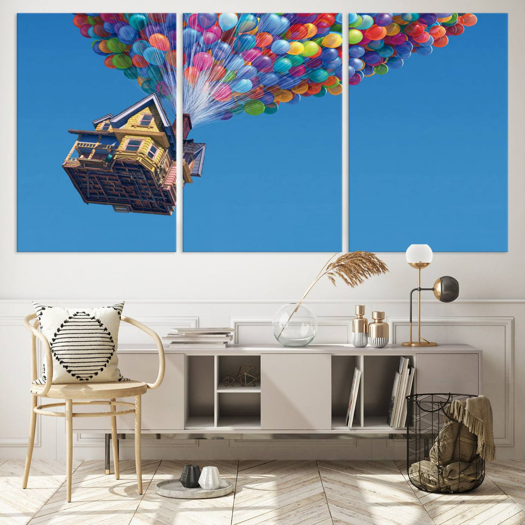 The "Carl Fredricksen, Up Movie Wall Art" features a three-panel design with a house lifted by colorful balloons, adding whimsical decor to any space.