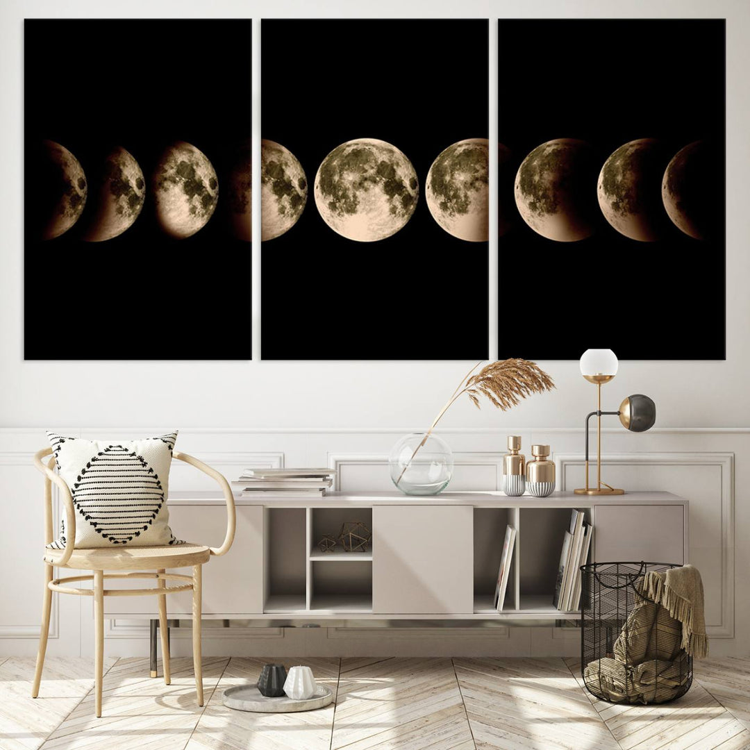 The "Phases of the Moon Wall Art" canvas print elegantly hangs on the wall.