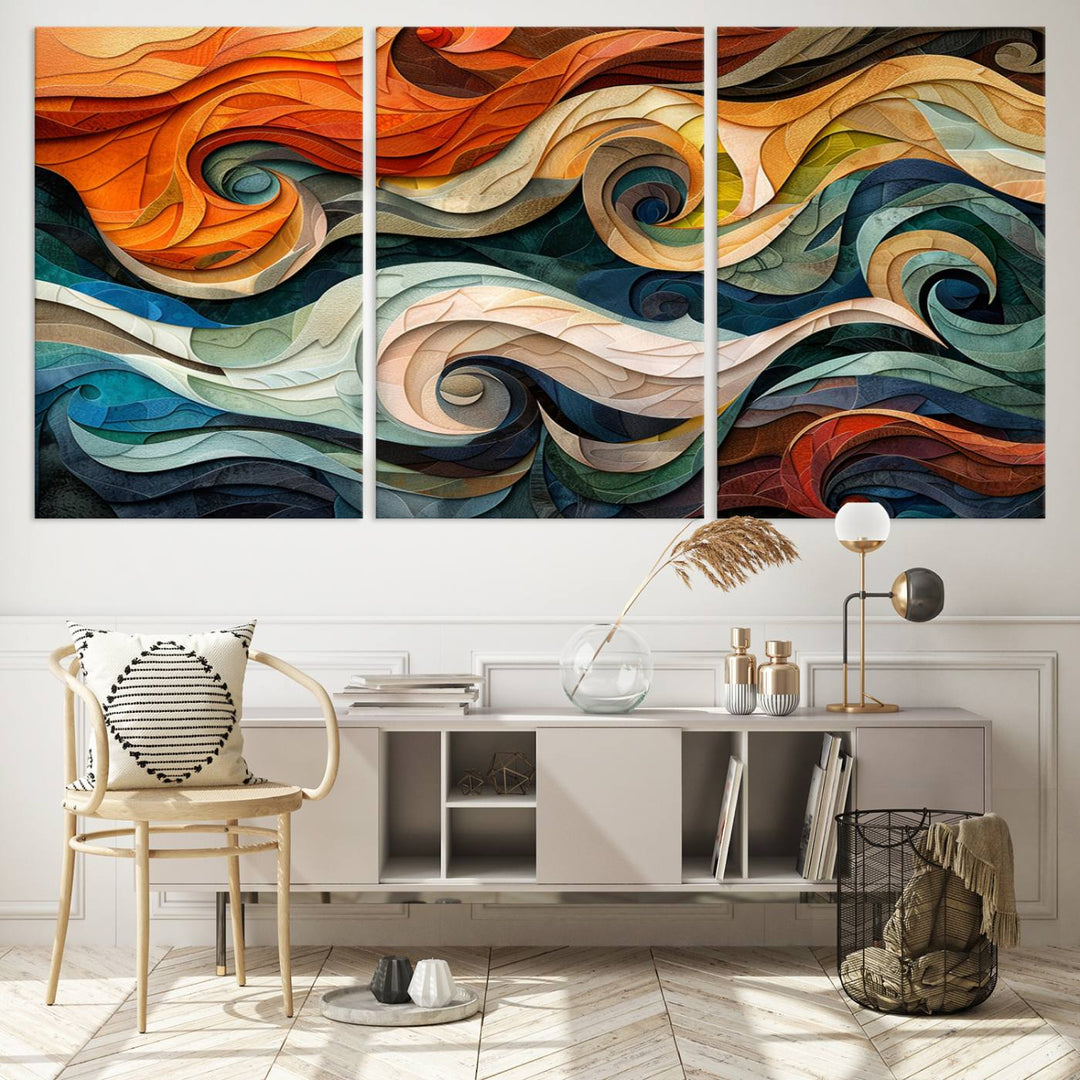 Abstract Wave Wall Art is a ready-to-hang framed canvas print featuring swirling orange, blue, and white patterns. It's perfect for adding vibrant decor to modern spaces.