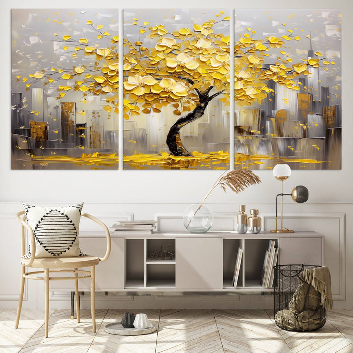 A framed canvas print from the "Golden Tree Canvas Print | Abstract Wall Art for Modern Homes | Ready to Hang Framed Artwork" collection hangs elegantly against the dark wall, epitomizing exquisite abstract wall art.