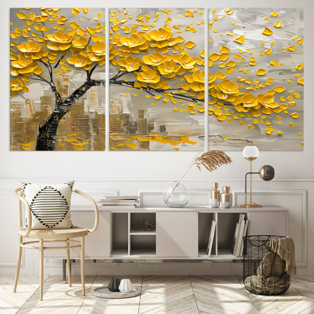 Yellow Blossom Tree Canvas Wall Art, featuring a floral abstract modern design, is elegantly displayed against a dark wall. This sophisticated piece enhances the contemporary aesthetic of the space.