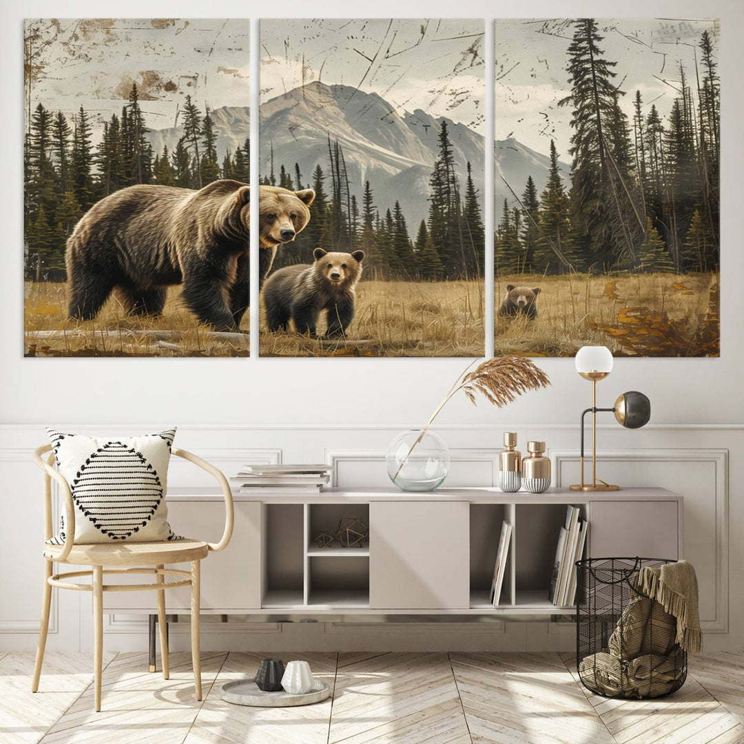 Rustic Grizzly 399: Bear Family Wall Art Canvas Print.