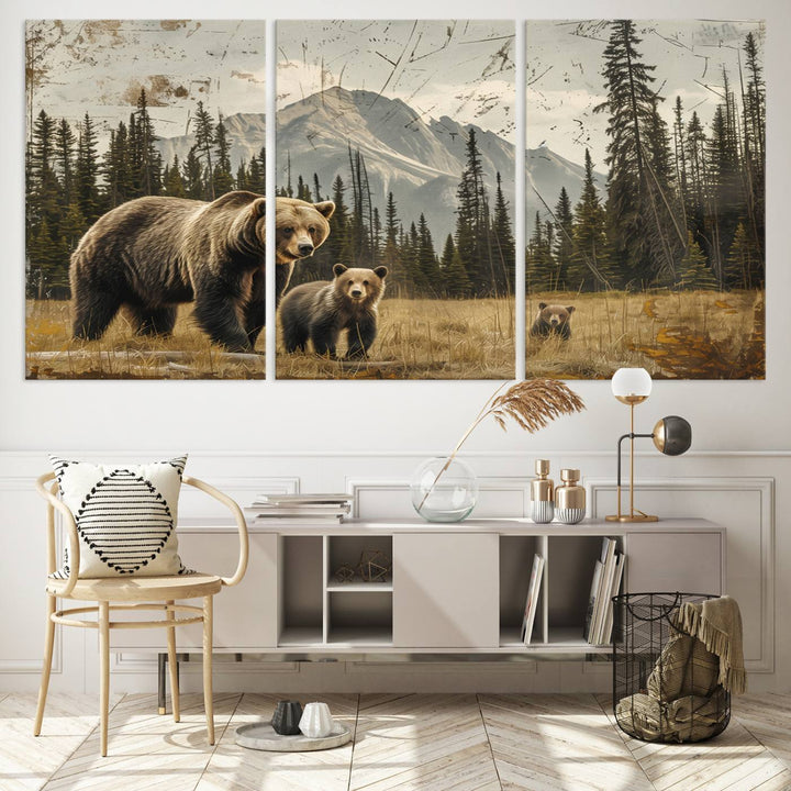 Displaying the Rustic Grizzly 399 Bear Family Wall Art Canvas Print in a modern living space adds remarkable charm. This triptych piece showcases a bear family in the forest, printed on museum-quality canvas and ready to hang, seamlessly enhancing your decor with its striking detail and elegance.