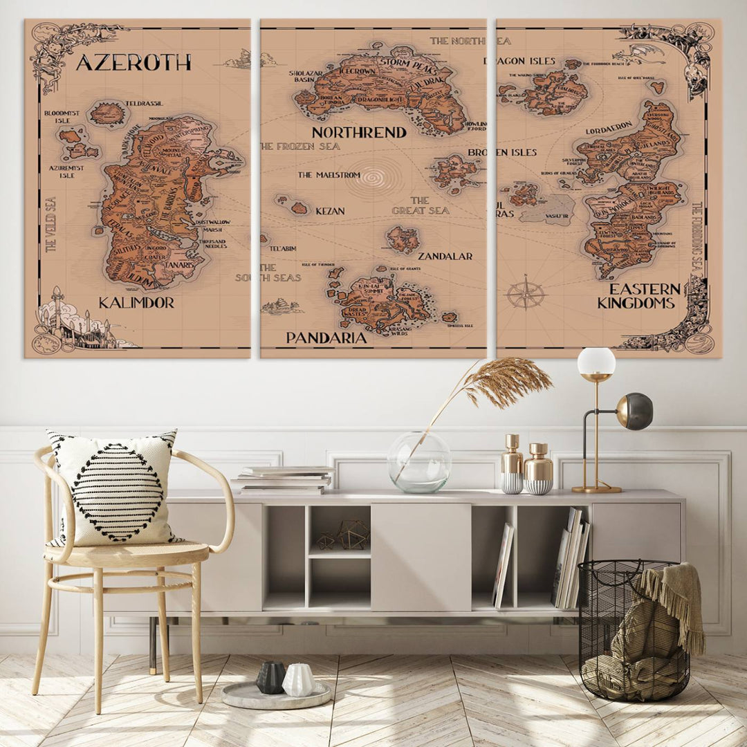 The Vintage Azeroth World Map Canvas Print, a stunning three-piece set, enhances the space with its vintage charm, perfectly complementing your gaming decor.