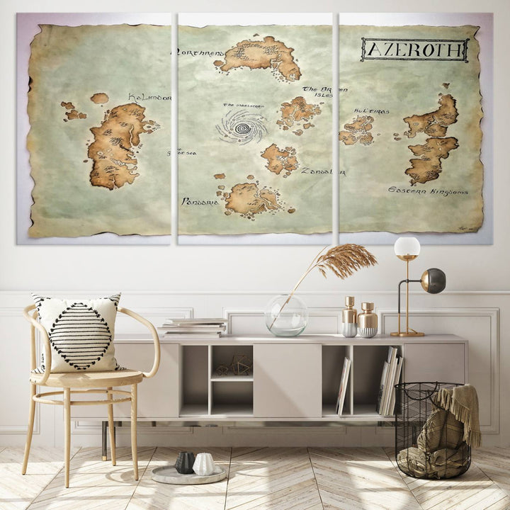 The Azeroth World Map Wall Art Canvas Print, a three-panel vintage piece, brings a cozy fantasy gaming atmosphere to the room.