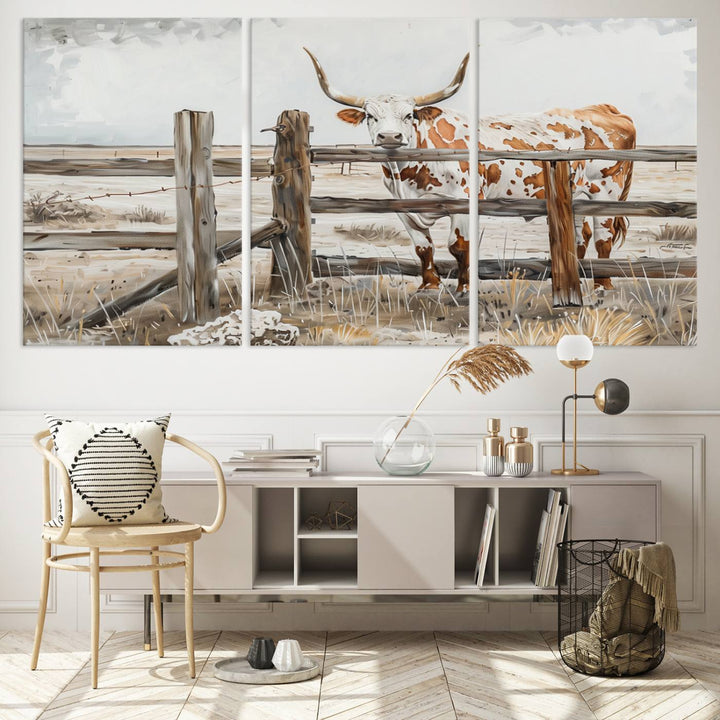 The Abstract Longhorn Cow Wall Art, a ready-to-hang framed canvas print, adds rustic charm and perfectly captures the essence of rural elegance.