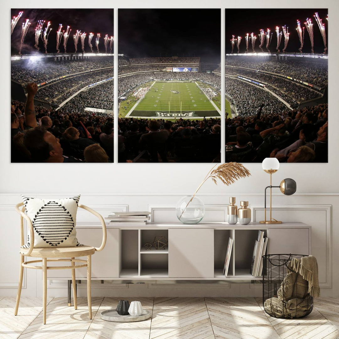 The living room features a spectacular Philadelphia Eagles Football Team Print. This wall art canvas print of Lincoln Financial Field at night captures a Philadelphia Eagles game under the dazzling brilliance of fireworks, making it an eye-catching centerpiece.