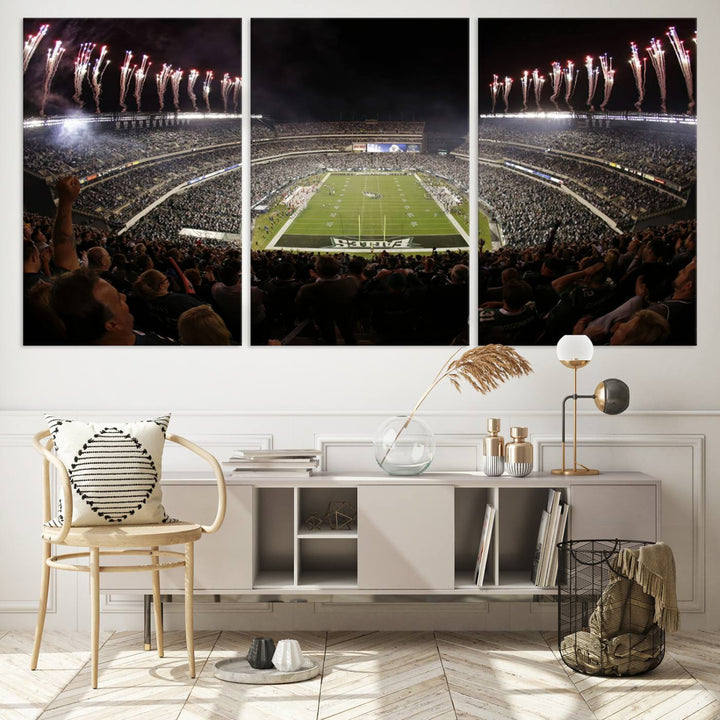 The living room features a spectacular Philadelphia Eagles Football Team Print. This wall art canvas print of Lincoln Financial Field at night captures a Philadelphia Eagles game under the dazzling brilliance of fireworks, making it an eye-catching centerpiece.