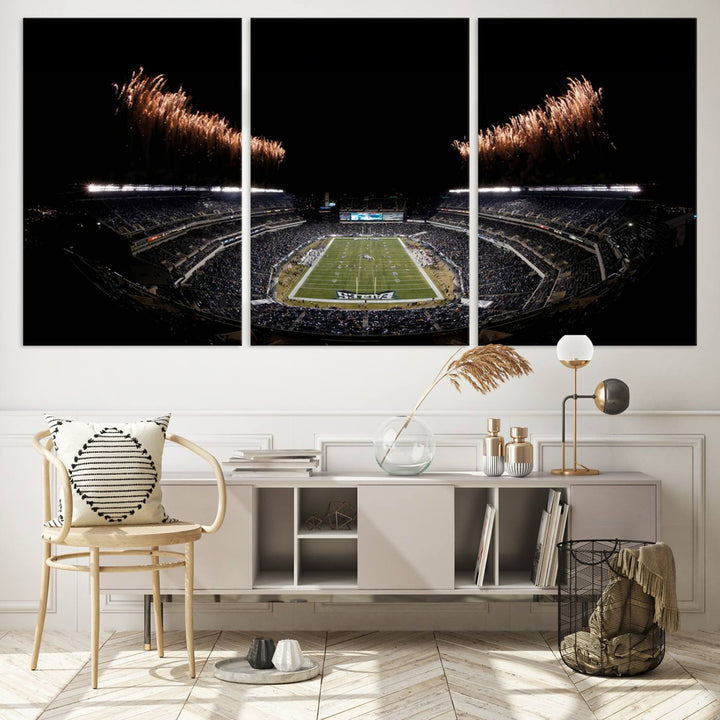 A stunning triptych wall art featuring the Philadelphia Eagles Football Team Print, capturing Lincoln Financial Field with spectacular fireworks.