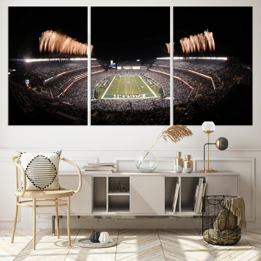 Experience the breathtaking Lincoln Financial Field Fireworks Game captured in this triple canvas wall art. A must-have for any Philadelphia Eagles fan!