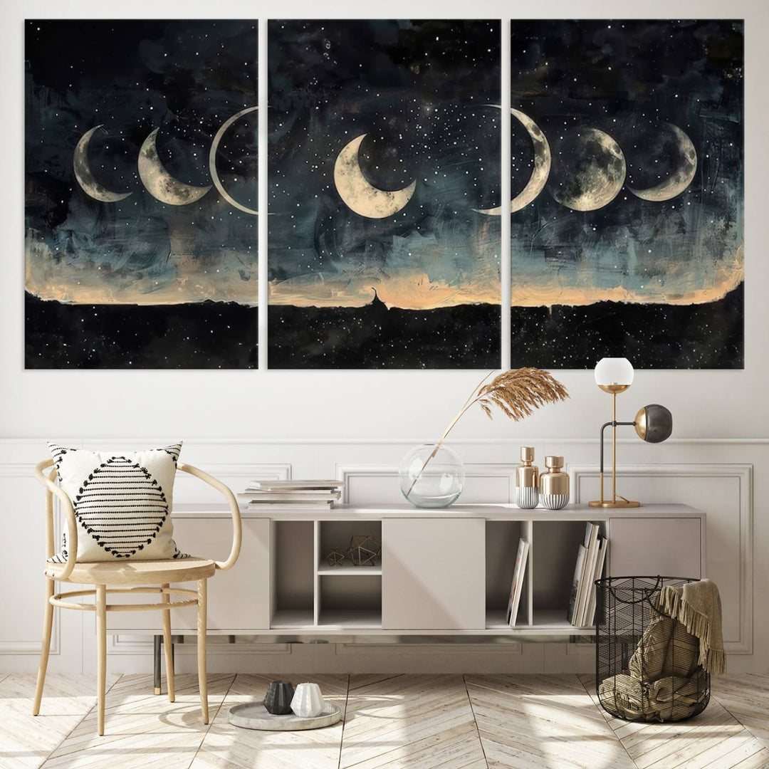 The "Phases of the Moon Wall Art," a framed canvas series capturing the celestial beauty of lunar cycles against a starry night, adds an elegant touch to the contemporary dining room.