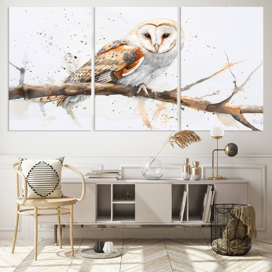 Introduce the tranquility of nature into your home with this stunning canvas print, featuring a Barn Owl on a branch. This triptych wall art, ready to hang and elegantly framed, is perfect for nature lovers seeking serene decor pieces.