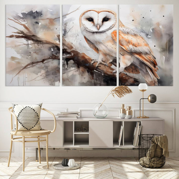 The Barn Owl Wall Art, a watercolor canvas print, elegantly adorns the wall in a modern living room, seamlessly merging farmhouse wall decor with contemporary style.