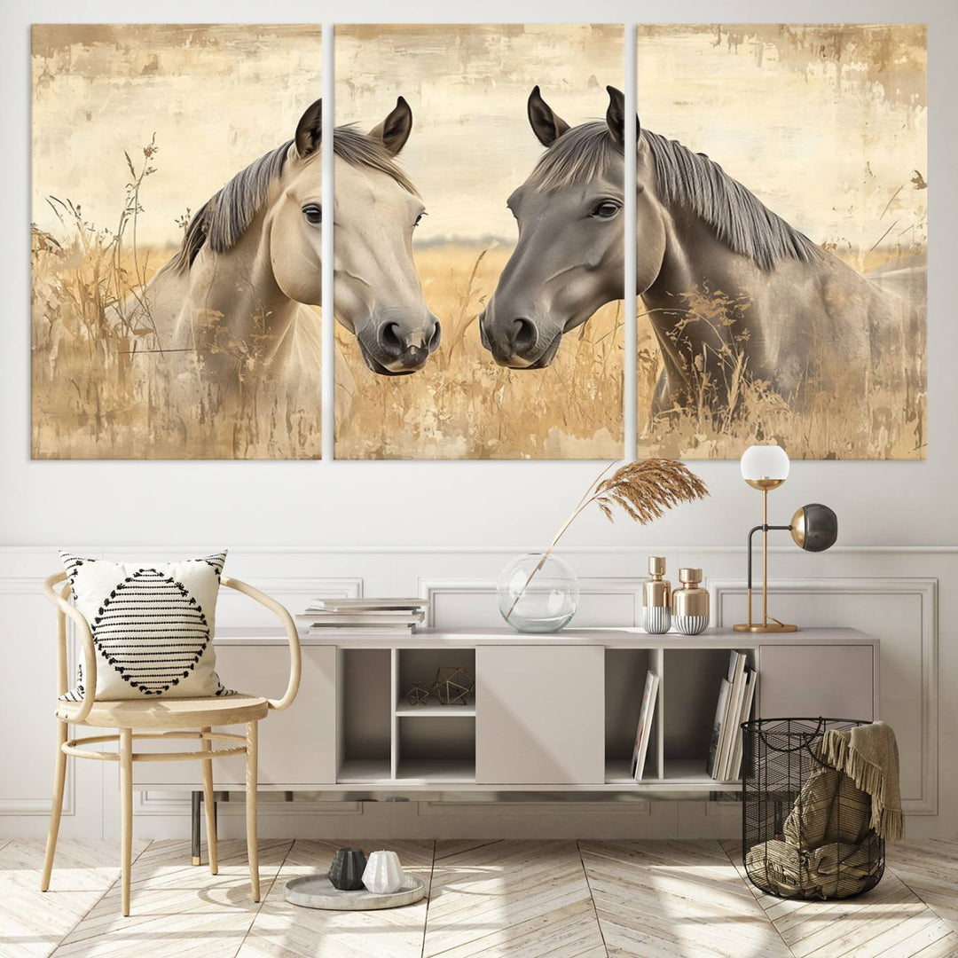 The "Chinese Ink Style Grunge Horses Wall Art Canvas Print," featuring two horses in a field, hangs prominently, highlighting its museum-quality canvas and high-resolution printing.