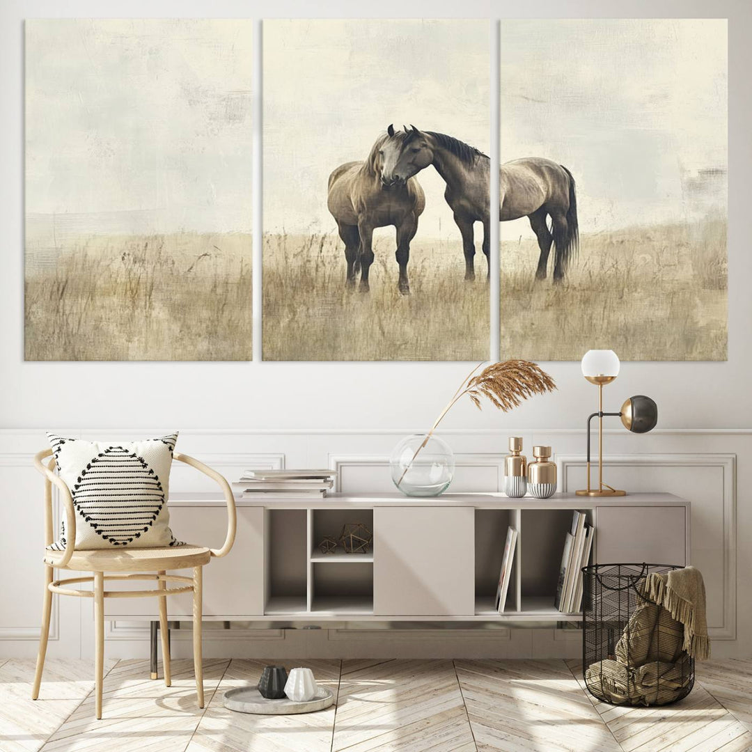 The Chinese Style Grunge Horses Wall Art Canvas Print, featuring a three-panel design of two horses in a misty field, is crafted on museum-quality canvas using high-resolution printing and hangs elegantly.