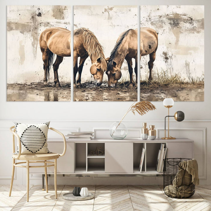 The Vintage Horses Wall Art, a ready-to-hang and framed triptych, beautifully captures two horses gracefully grazing. It perfectly complements the rustic charm of western farmhouse wall decor.