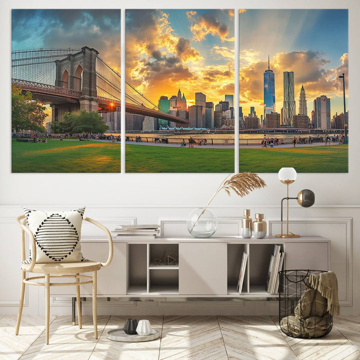 The "Brooklyn Bridge New York Skyline Wall Art" is a ready-to-hang framed canvas print that beautifully captures the cityscape at sunset, showcasing the iconic Brooklyn Bridge and majestic skyscrapers.