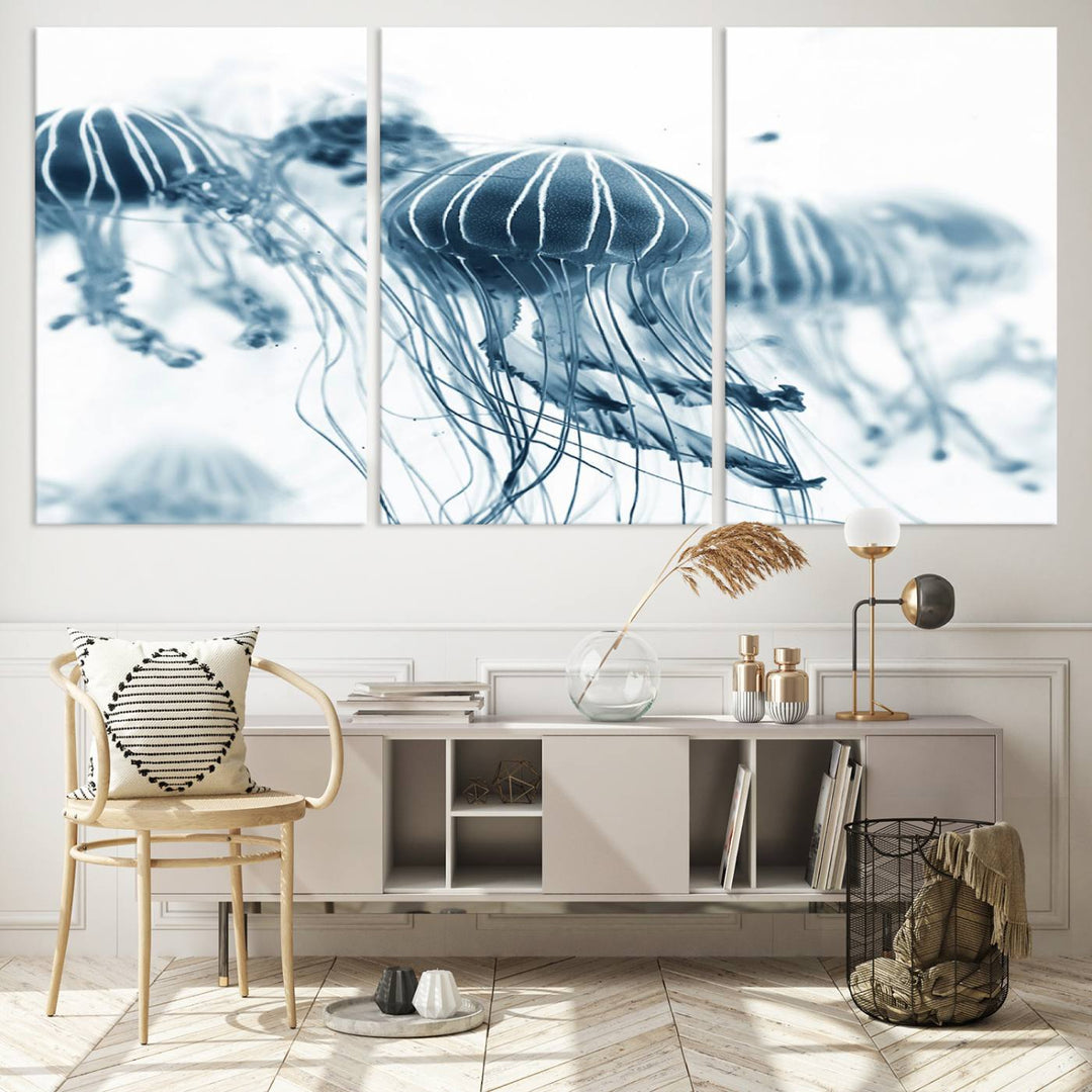 The Abstract Jellyfish Wall Art Canvas Print, a three-panel piece featuring high-resolution printing, hangs elegantly in the room, adding vibrant detail to the space.