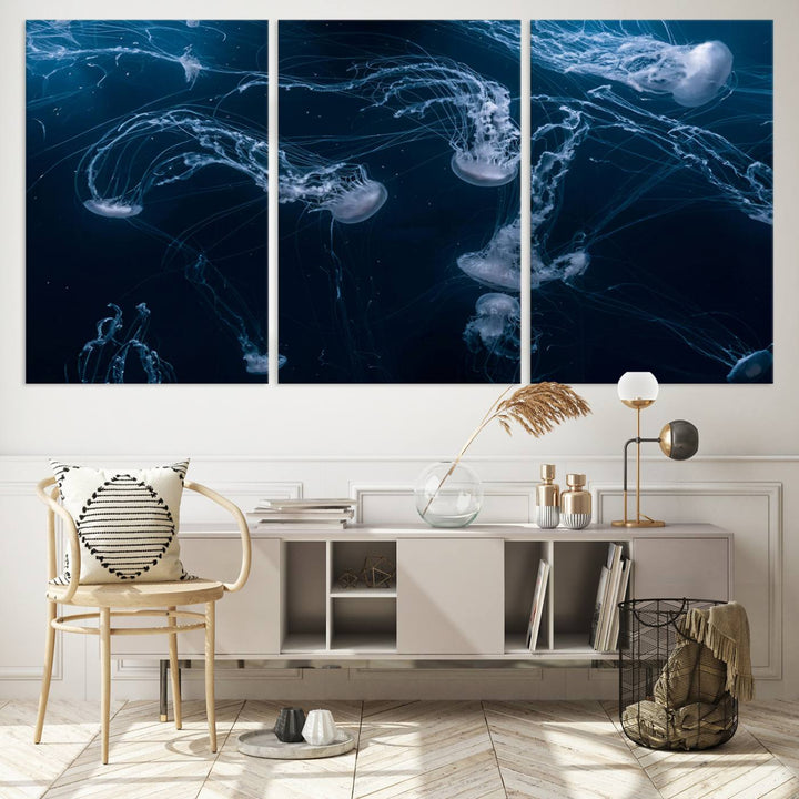 Room with modern decor, featuring the Abstract Jellyfish in Ocean Wall Art Canvas Print on museum-quality canvas.