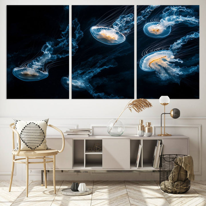 The "Jellyfish Wall Art Canvas Print," featuring a sea-themed design of glowing jellyfish, is displayed in high-resolution on museum-quality canvas.