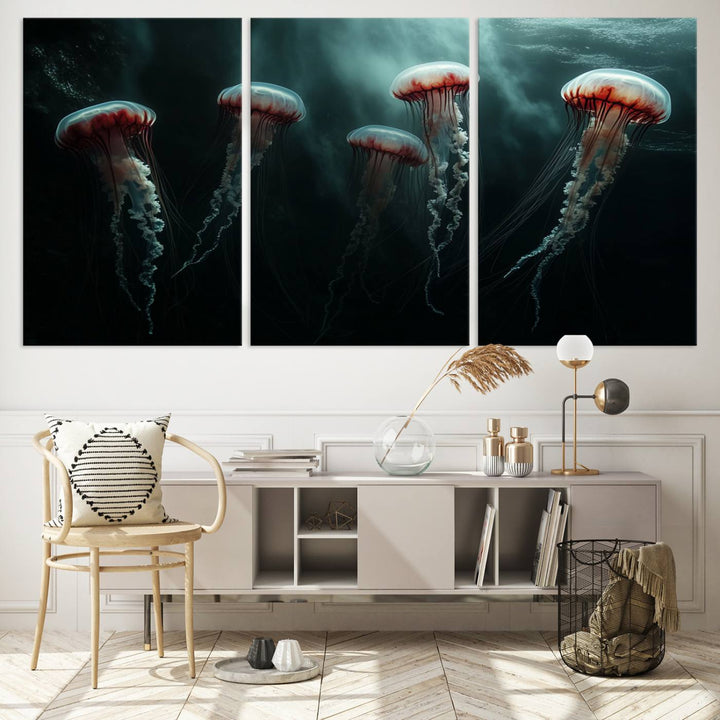 The Abstract Jellyfish Wall Art Canvas Print, framed in the USA and showcased on museum-quality canvas with high-resolution printing, adds a decorative touch to the space.