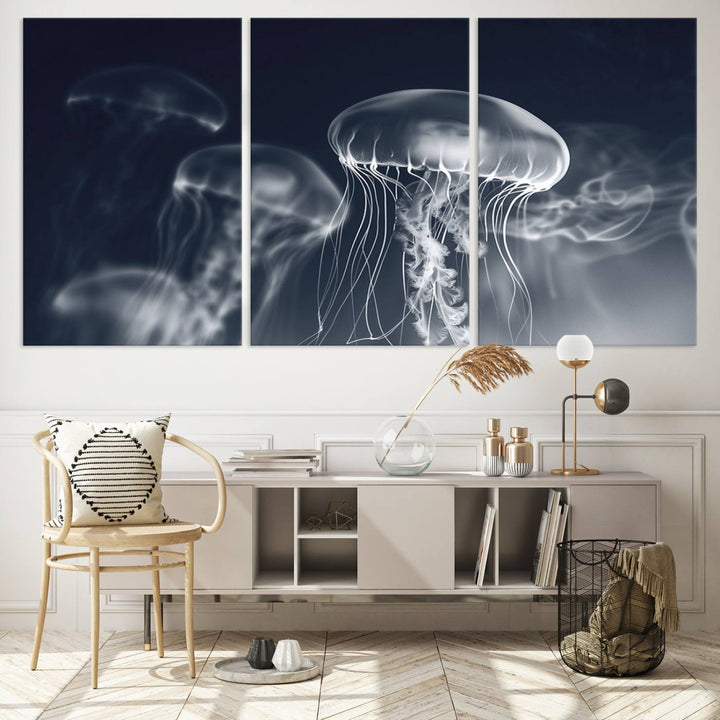 A stunning Jellyfish Wall Art Canvas Print showcases museum-quality canvas through high-resolution printing.