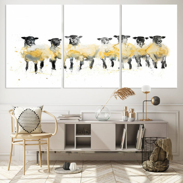 The Farmhouse Wall Art Sheep Print, ready to hang as a framed canvas, adorns the black wall, adding a hint of rustic barn decor.