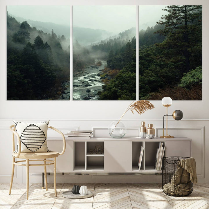 Misty Forest Wall Art | Ready to Hang and Framed | Tranquil Nature Landscape for Living Room or Cabin Wall Decor