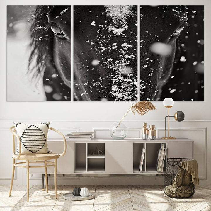 The Winter Horse Snow Wall Art Canvas Print, a black and white triptych showcasing a snow-covered horse's face, infuses the space with rustic cabin decor.