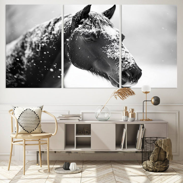 A set of Winter Horse Snow Wall Art Canvas Prints hangs, creating the perfect touch of Rustic Cabin Decor.