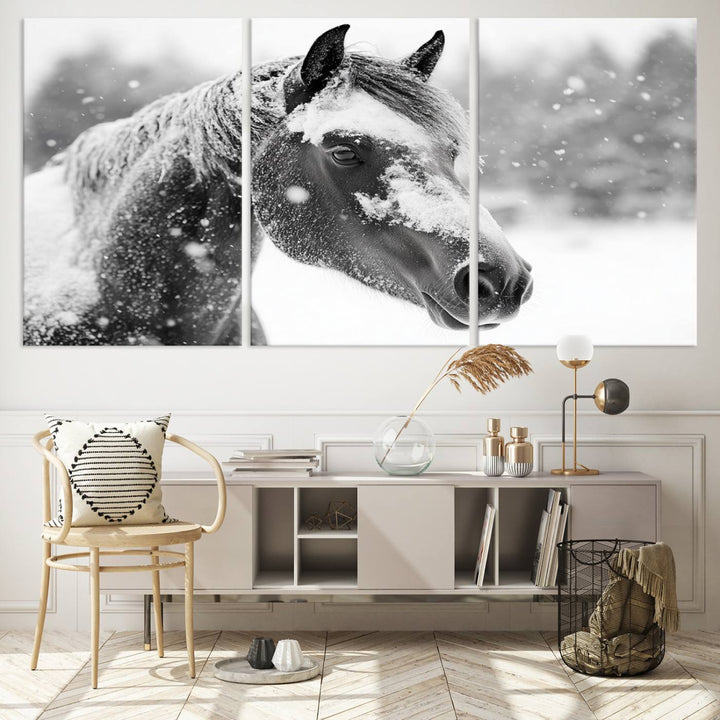 The Black Horse Winter Wall Art, framed and ready to hang, is beautifully displayed as farmhouse and western wall decor.