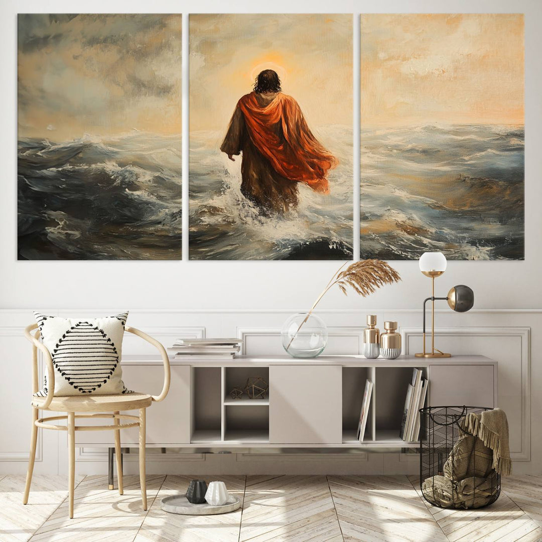 This triptych wall art, titled "Jesus Walking on Water," presents a figure in a red cloak crossing turbulent seas. It is perfect for those looking for religious home decor with a contemporary flair.