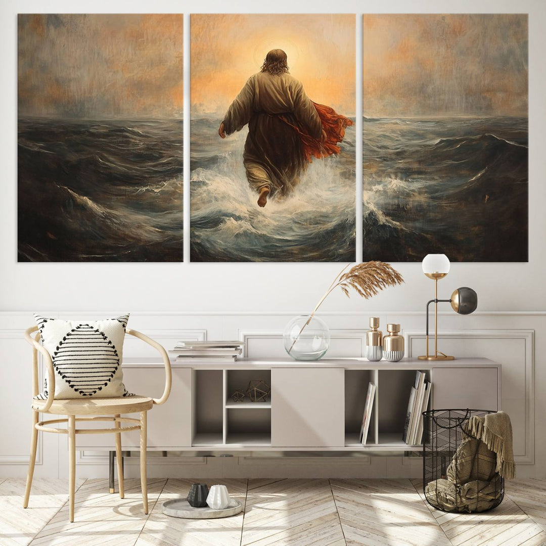 A modern living room is adorned with a triptych titled "Jesus Walking on Water, Christian Wall Art, Jesus Christ Walking on Oil Painting Style Print." The artwork, presented on museum-quality canvas, showcases vibrant colors and exquisite detail.