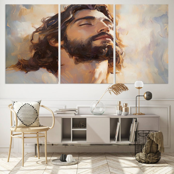 This museum-quality canvas print, titled "Jesus Portrait," features an oil painting style depiction of Jesus Christ with a closed-eyed expression. The high-resolution printing captures every detail beautifully.