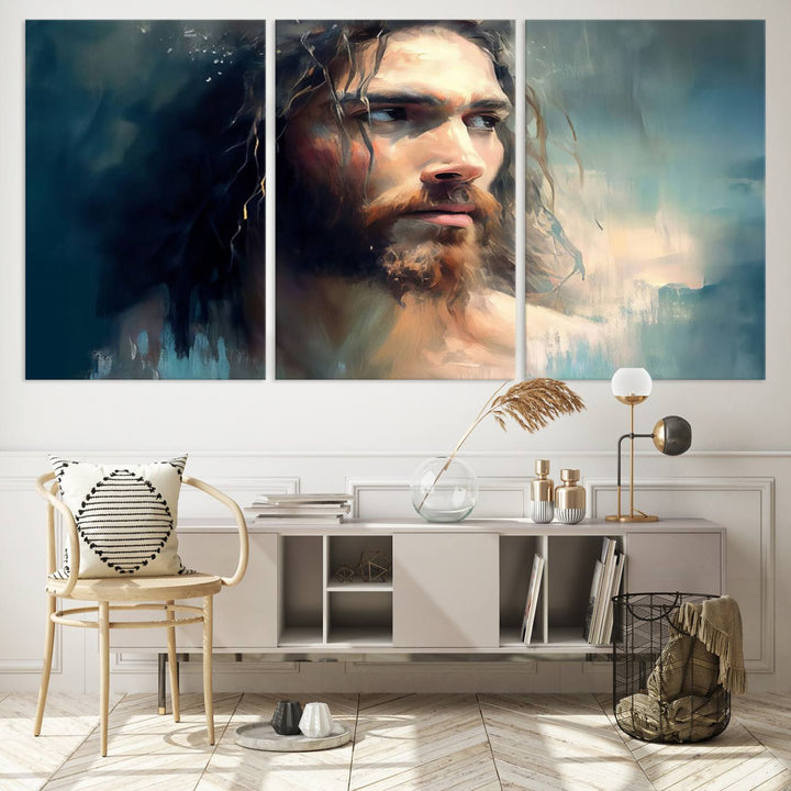 The Jesus Portrait Wall Art Canvas Print, featuring a depiction of a man with long hair and a beard, is showcased on a wooden wall. This Christian Wall Art is rendered on museum-quality canvas, highlighting the mastery of high-resolution printing in an oil painting style.