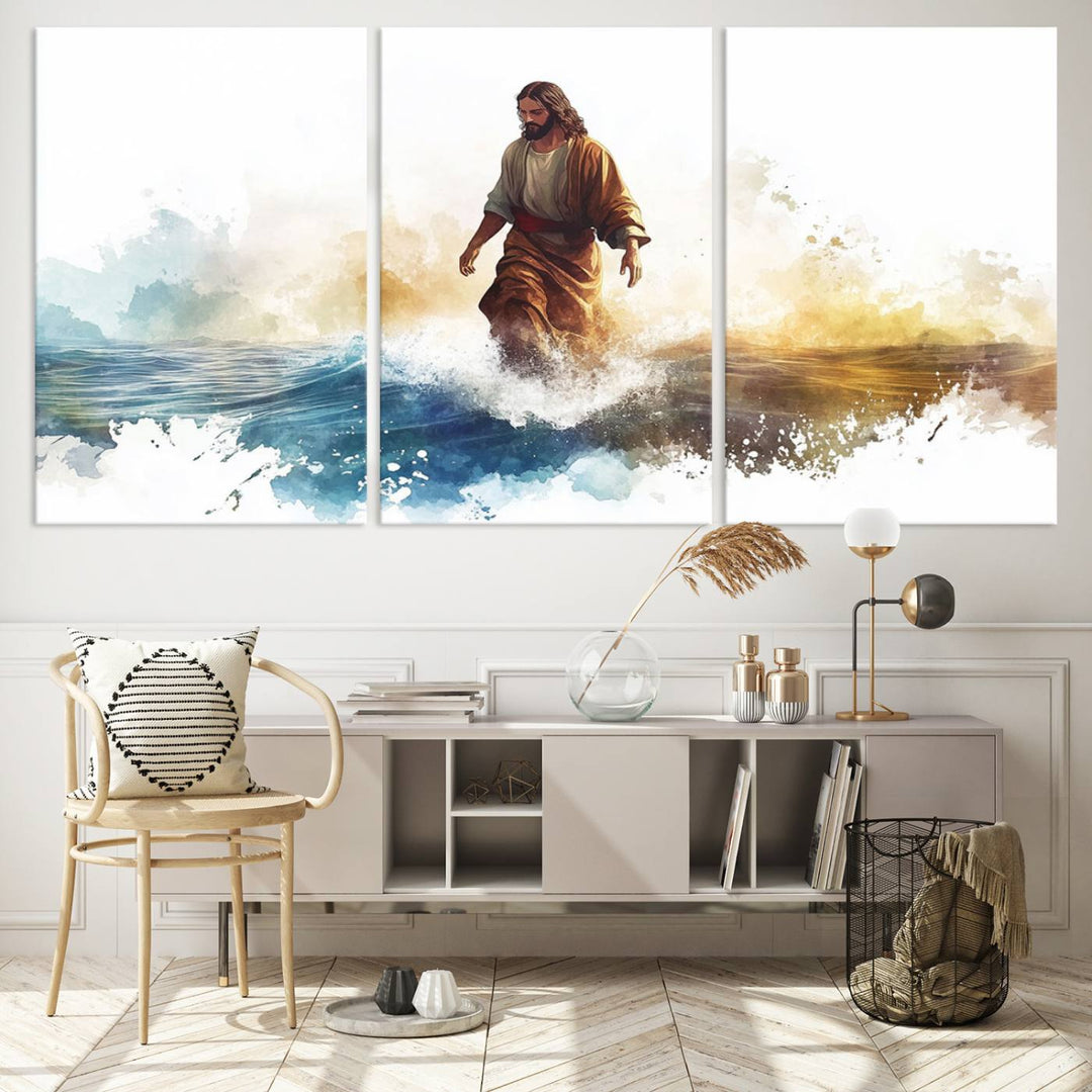 Watercolor Jesus Walking on Water Canvas Print, Christian Wall Art, Jesus Christ Walking